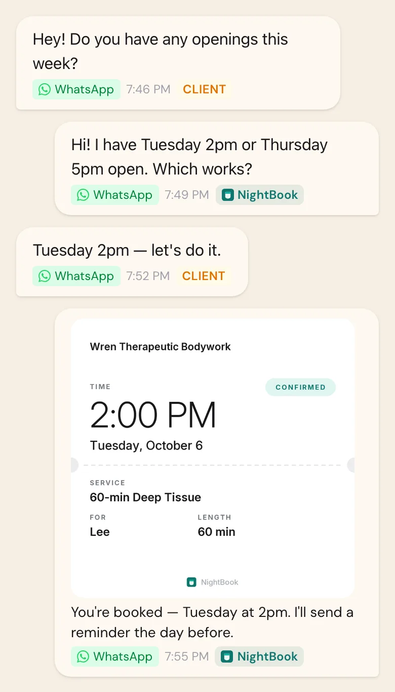 A WhatsApp conversation: a client asks for an opening, NightBook replies with two times, the client picks one, and NightBook sends the appointment ticket: Tuesday, 2:00 PM, confirmed.