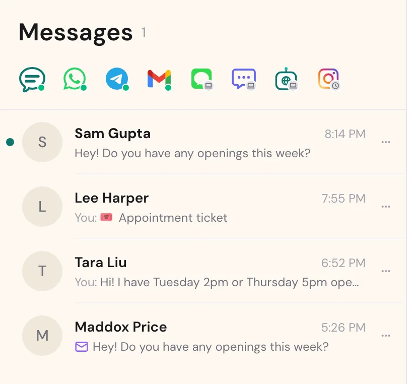 NightBook's Messages screen: channel marks across the top (NightBook Chat, WhatsApp, Telegram, Email and more) and one inbox of client conversations below.