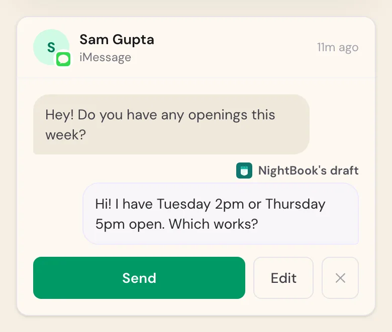 A draft reply waiting for the provider in NightBook: the client's question, NightBook's draft, and Send, Edit and dismiss buttons.
